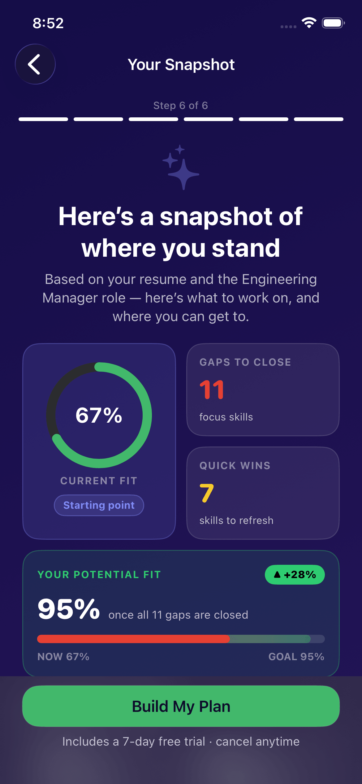 GapFix — your gap snapshot: current fit, gaps to close, quick wins