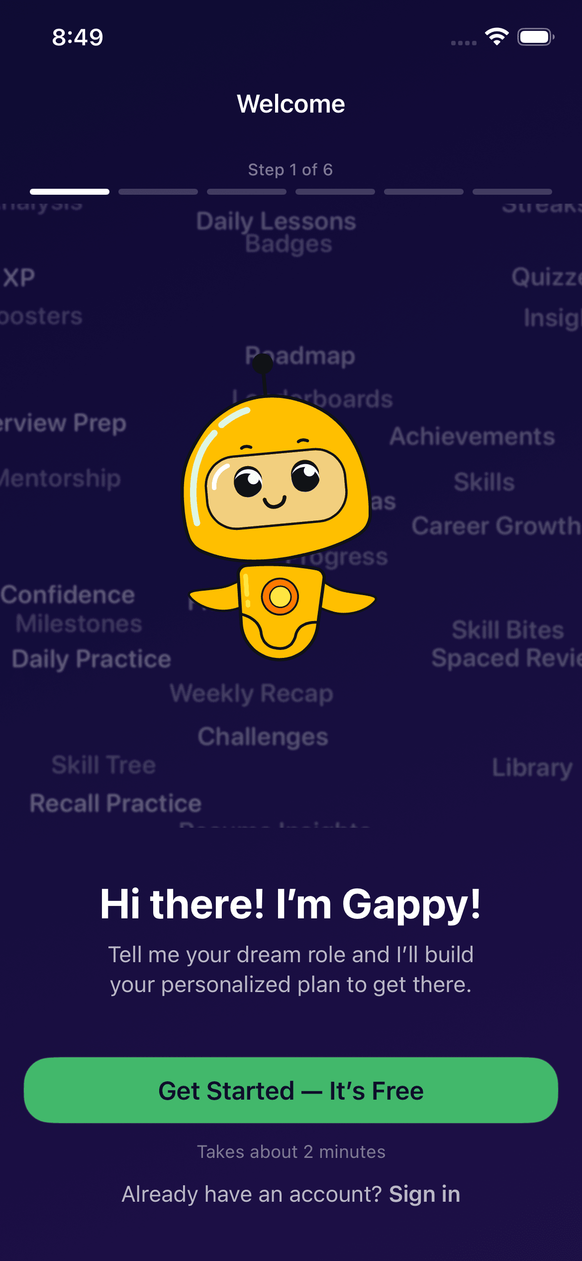 GapFix onboarding — meet Gappy, takes about 2 minutes