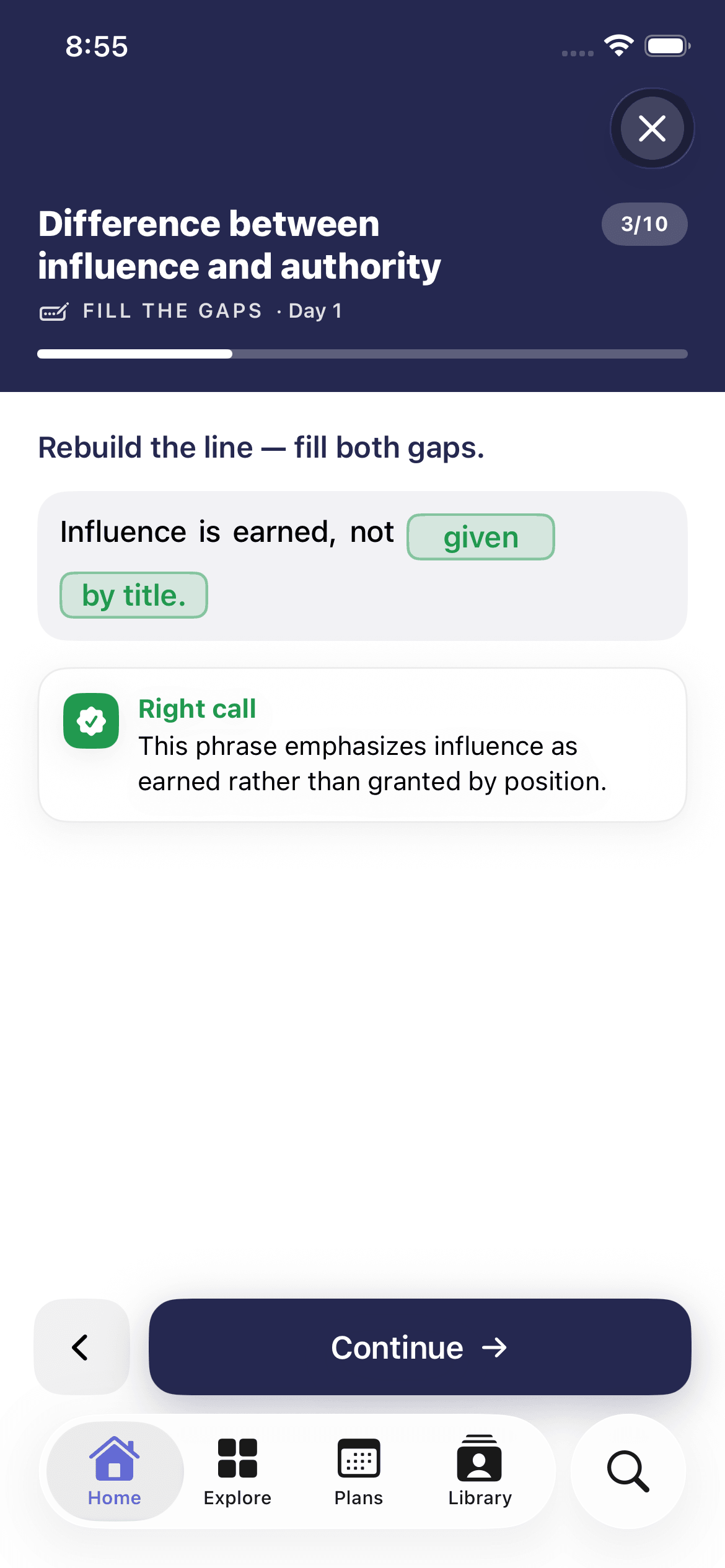 GapFix interactive lesson — fill-the-blank exercise with word tiles