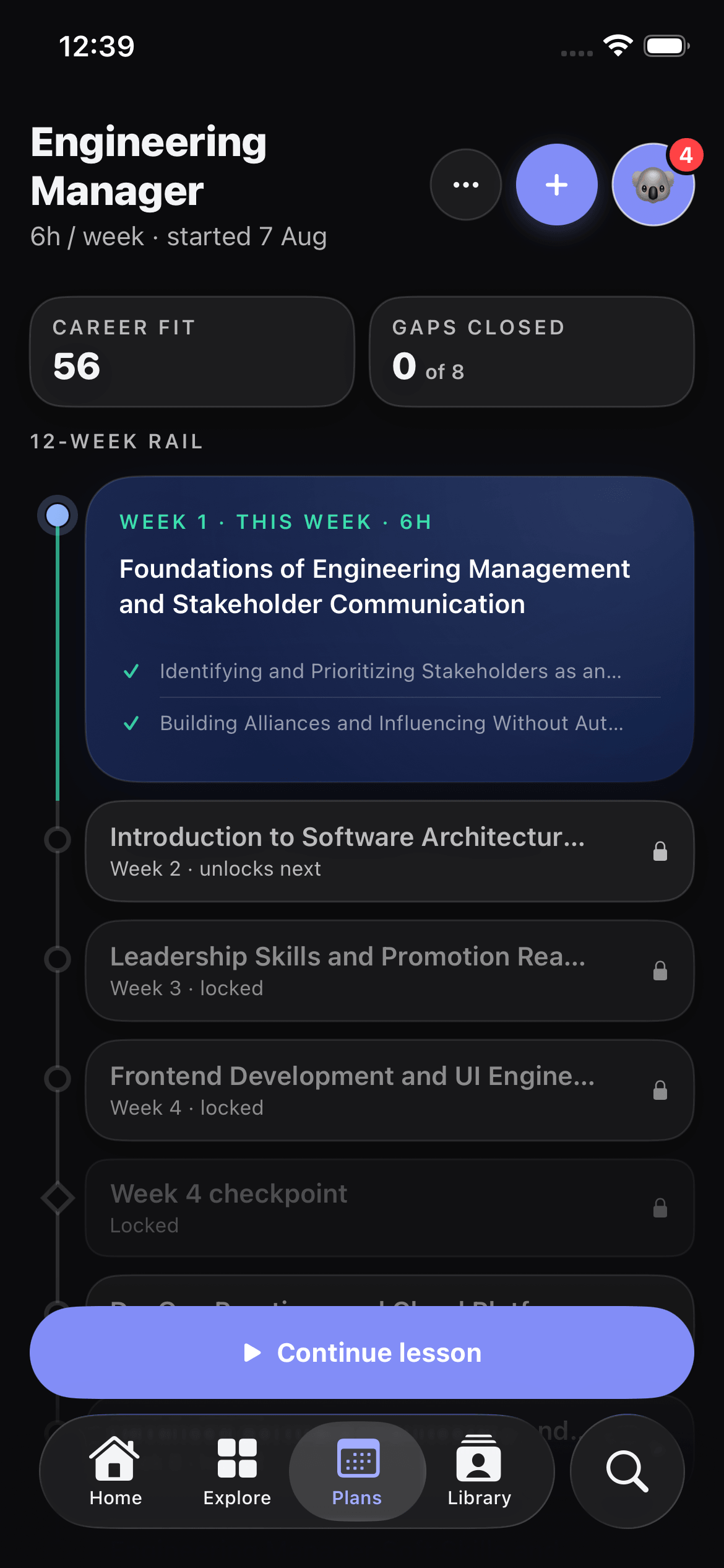 GapFix — the 12-week plan rail