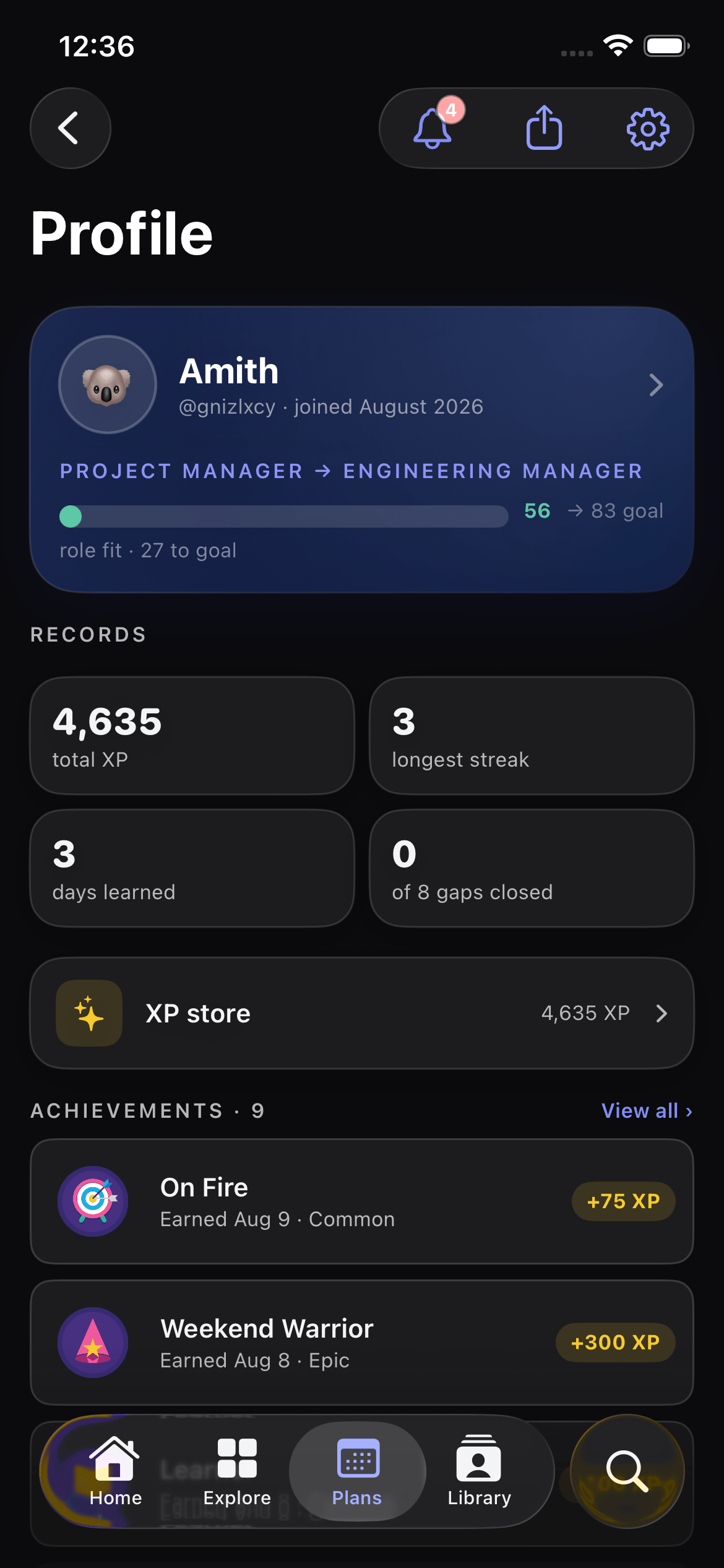 GapFix — profile with XP, records and achievements
