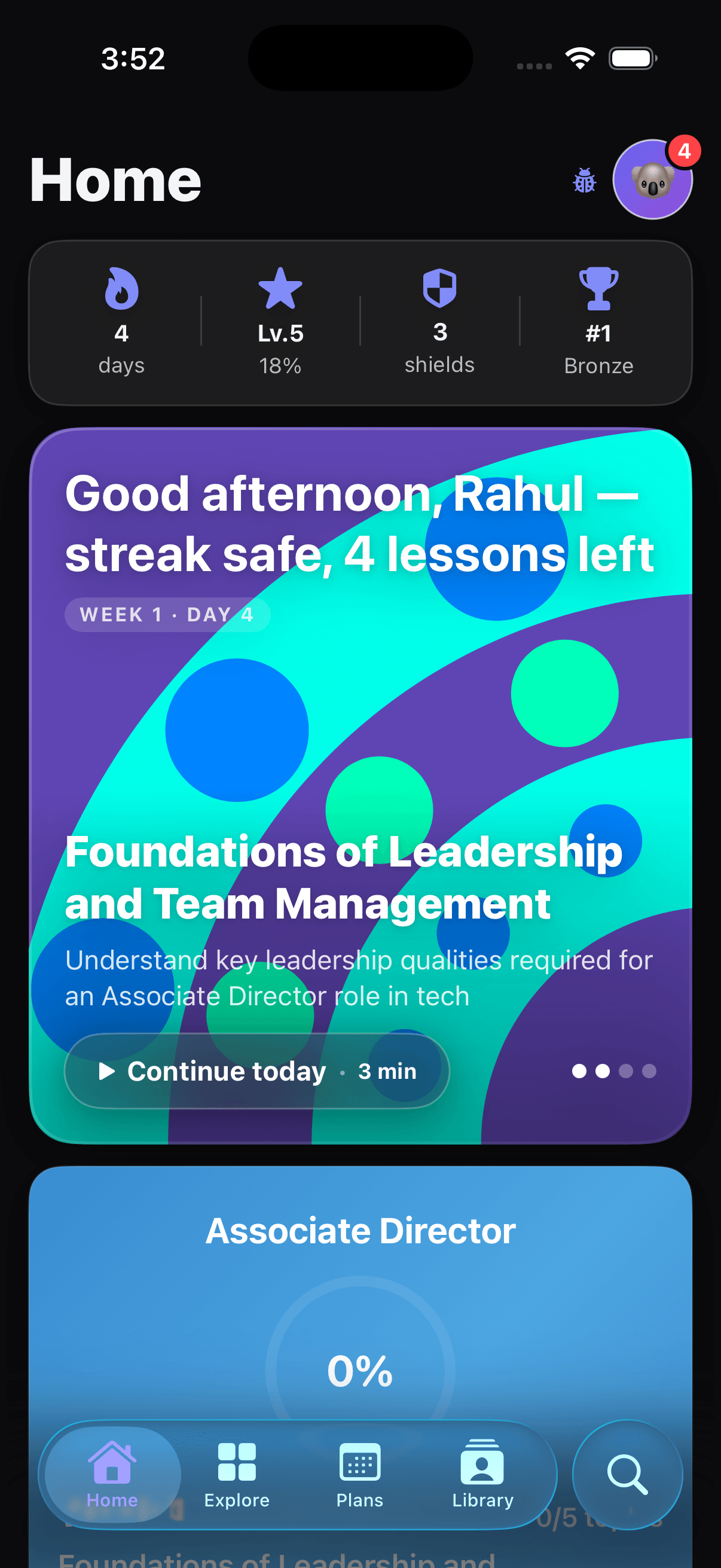 GapFix app home screen — daily learning progress, streak, and current lesson