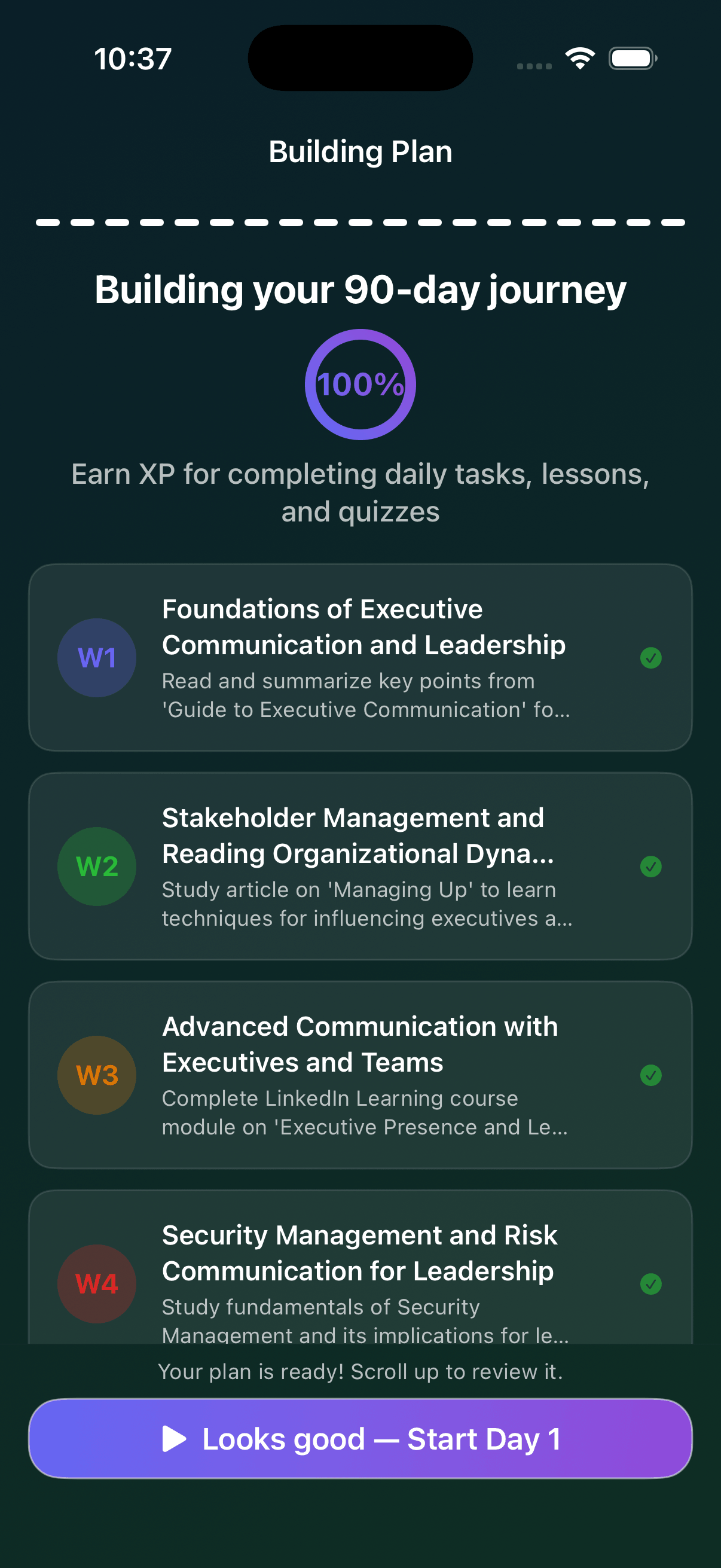 GapFix app — personalized 90-day learning plan with weekly modules and progress